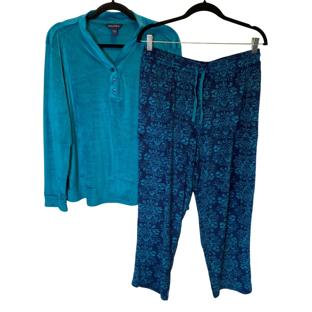 Nautica Velour Pajama Set Women Medium Teal Navy Henley Floral Loungewear Winter